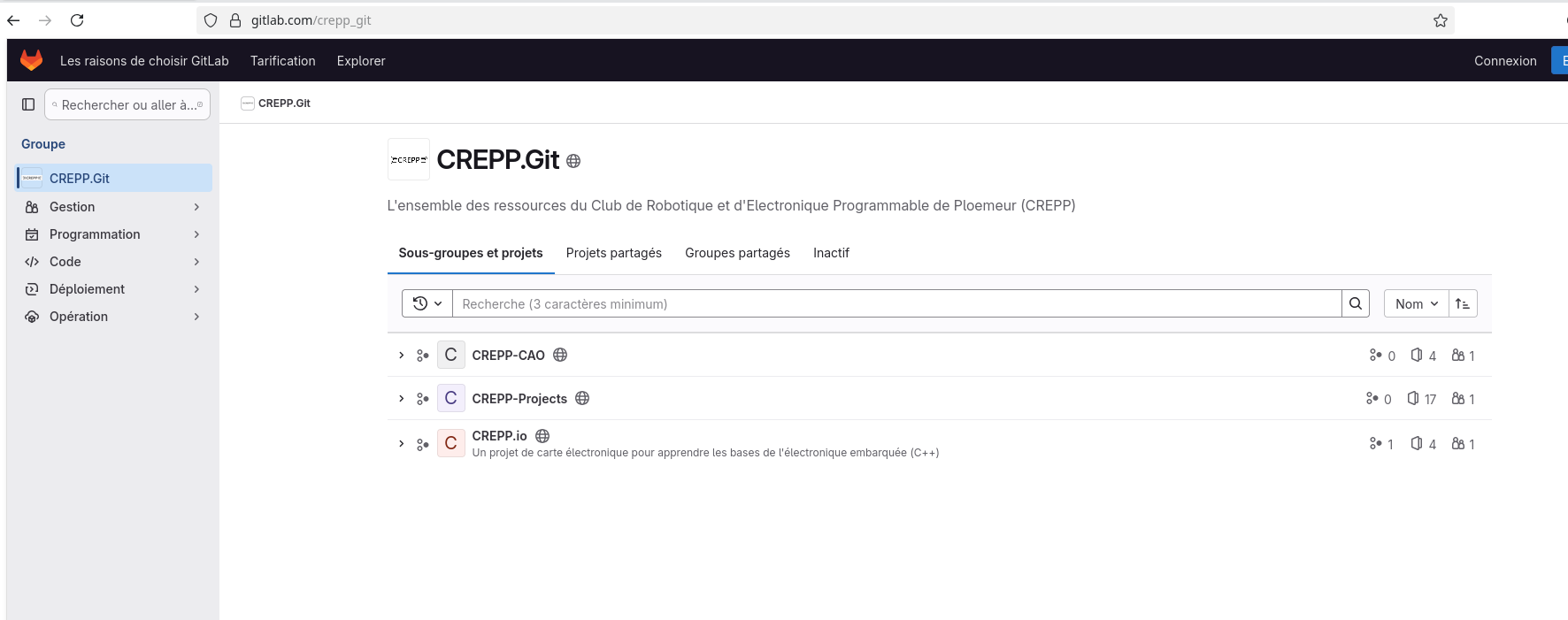 La page principale du serveur Git