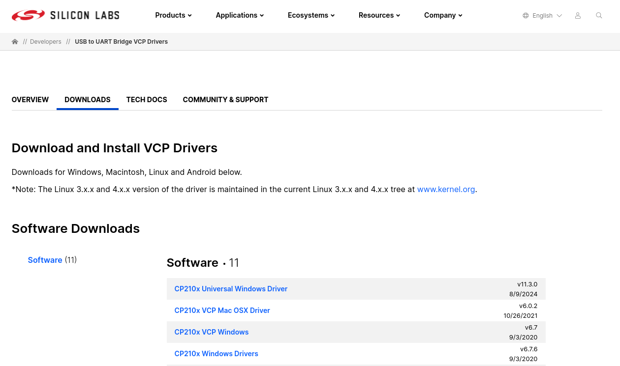 Interface de téléchargement pour driver CP2102