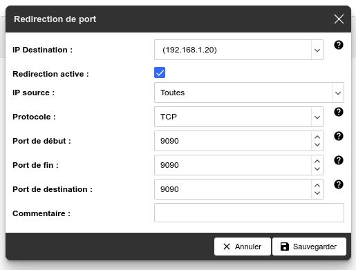 Paramètres de redirection